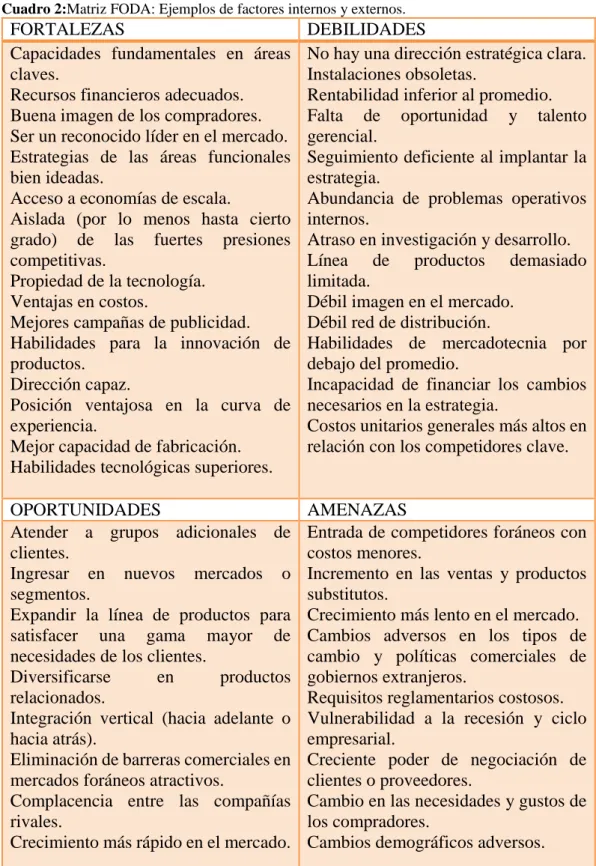 Cuadro 2:Matriz FODA: Ejemplos de factores internos y externos. 