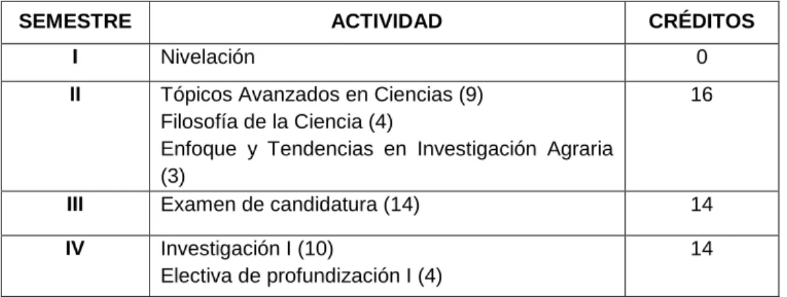 Tabla 1. Plan de estudios representado en créditos y parcelado por semestres 