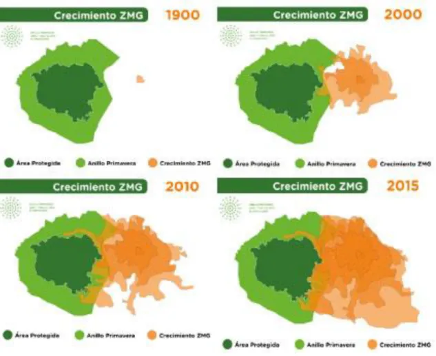 Figura III / Fotogramas de mapa animado que ilustra el crecimiento de la Zona Metropolitana de Guadalajara en Comparación  con La Primavera
