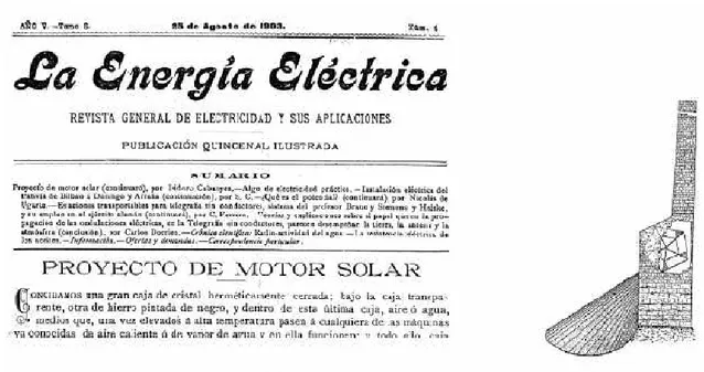 Figura 2.12. Encabezamiento del artículo de Isidoro Cabanyes, y su propuesta de energía solar