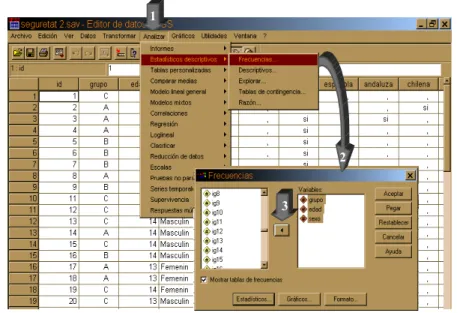 Fig. 1 Pasos para pedir estadísticos descriptivos en el SPSS para la depuración de la matriz