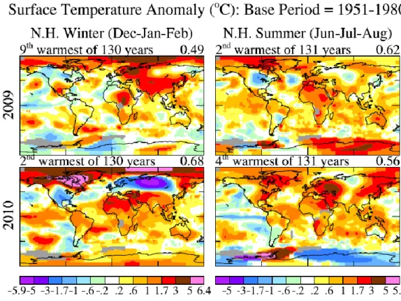 Figure 1.  Seasonal-mean temperature anomalies relative to 1951-1980 mean for the  most recent two summers and winters