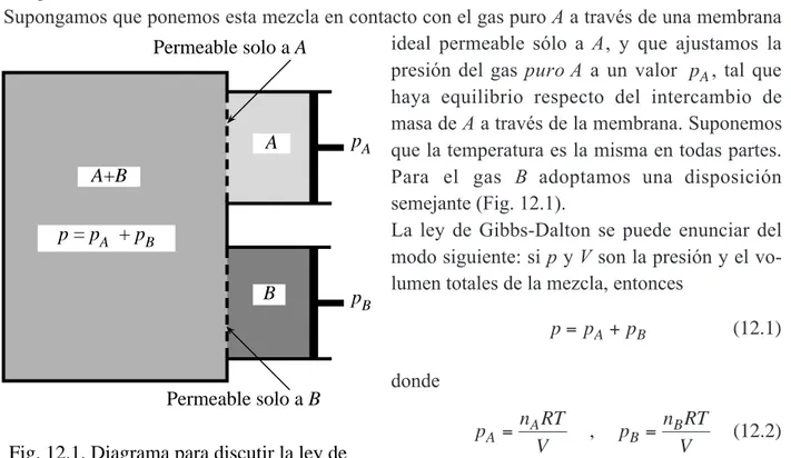 Fig. 12.1. Diagrama para discutir la ley de Gibbs-Dalton. Permeable solo a Ap = pA+ pB p ApBA+BABPermeable solo a B