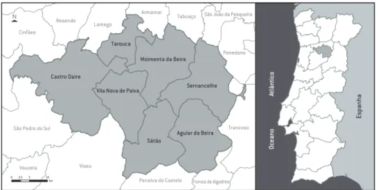 Figura 2: Localização dos sete concelhos, que constituem o cerne do Entre-Norte-e-Centro, em Portugal  Continental.