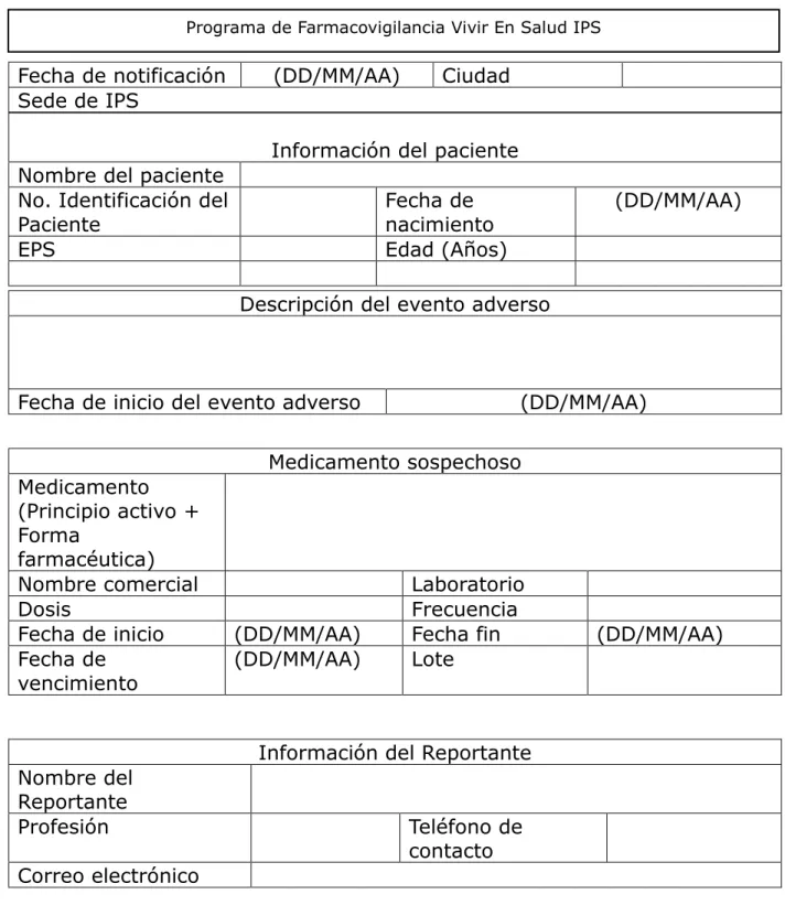 Tabla 1. Formato Interno de Reporte de Eventos Adversos – Base de Datos  Institucional 