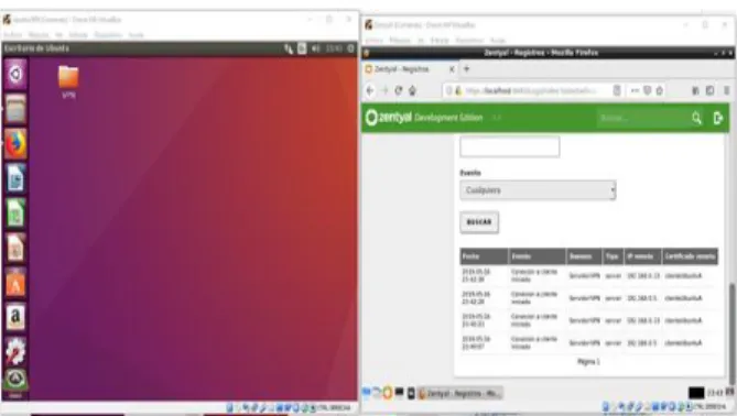 Fig. 62. Confirmación de conexión entre equipo cliente y servidor Se  confirma  en  el  dashboard  la  conexión  entre  el  servidor  y  el  cliente en donde se logra identificar el nombre del cliente, la dirección  IP usada y la fecha y hora de conexión 
