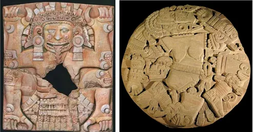 Figura 2. Monolitos aztecas que representan a la Tlaltecuhtli (izquierda) y a la Coyolxauhqui (derecha), ambos se encuentran en el Museo del Templo Mayor.