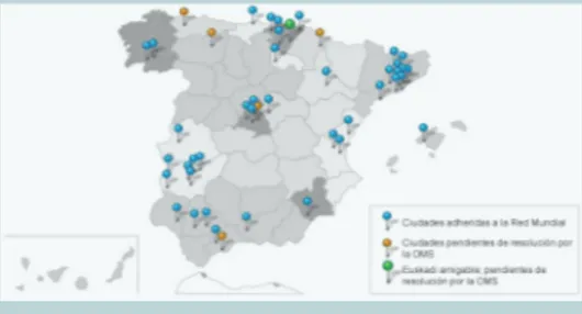 Fig. 2.14. Ciudades adheridas a la Red de Ciudades  amigables de España. Extraido de  http://www.ciuda-desamigables.imserso.es/