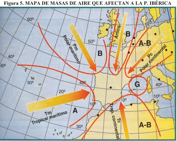 Figura 5. MAPA DE MASAS DE AIRE QUE AFECTAN A LA P. IBÉRICA 