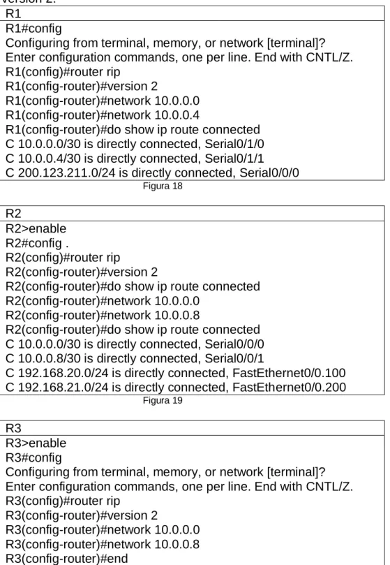 Figura 18  R2  R2>enable   R2#config .  R2(config)#router rip   R2(config-router)#version 2  