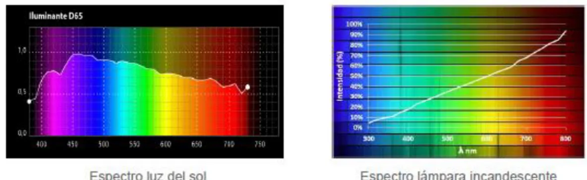 Fig. 2.3.- Comparativa espectro luz solar- luz incandescente. 