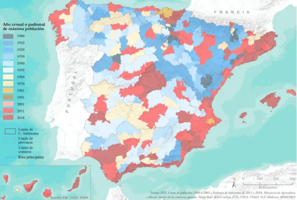 Figura 3. Momento censal o padronal de máxima población histórica en las comarcas de España 