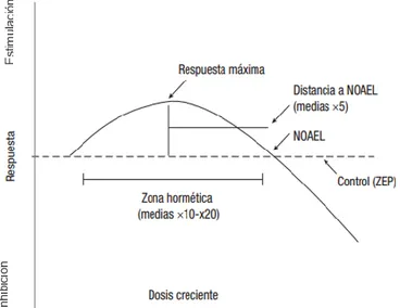 Figura 4.Curva hormética. NOAEL (No Observed Adverse Effects  Level): la región de la curva donde los efectos no son medibles;  ZEP: punto donde la respuesta cambia de ser estimulativa a ser 