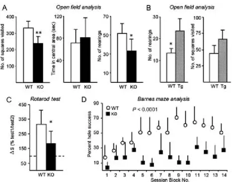 Fig. 1 Alterations in behavioral output in ApoD-KO and HApoD-Tg mice. (A) Open field test on locomotor exploratory behavior in ApoD-KO mice