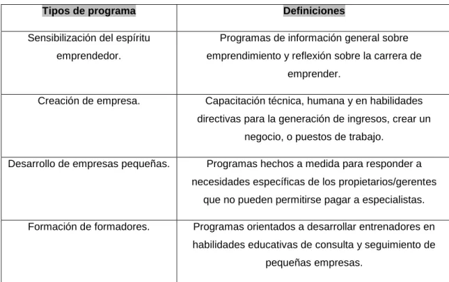 Tabla Nº2. Tipología de programas de desarrollo del espíritu empresarial. 