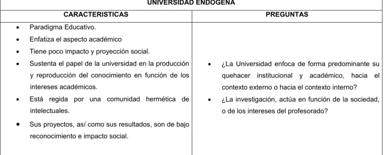 Tabla 1. Universidad endógena: características y preguntas específicas 