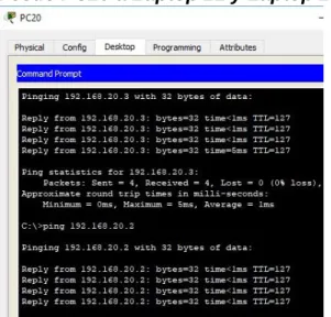 Figura 14 Verificación conectividad comando ping desde PC20 a 192.168.20.3 y   192.168.20.2  