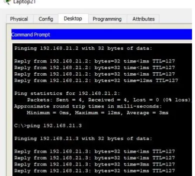 Figura 16 Verificación conectividad comando ping desde Laptop21  a 192.168.21.3   y 192.168.21.2  