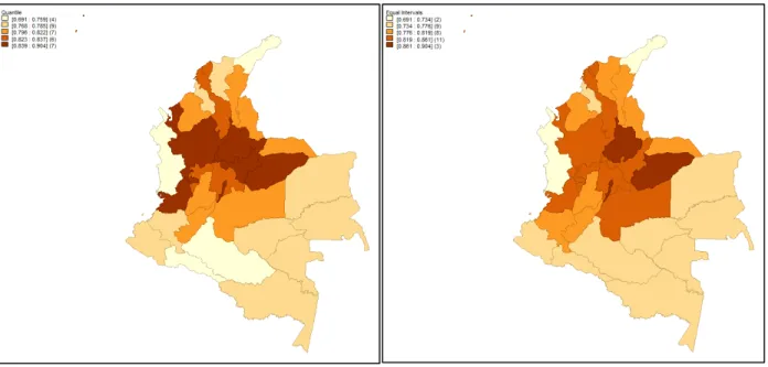 Gráfico 12. Geo estadística de Colombia por quintiles e intervalos iguales del IDH 2010 