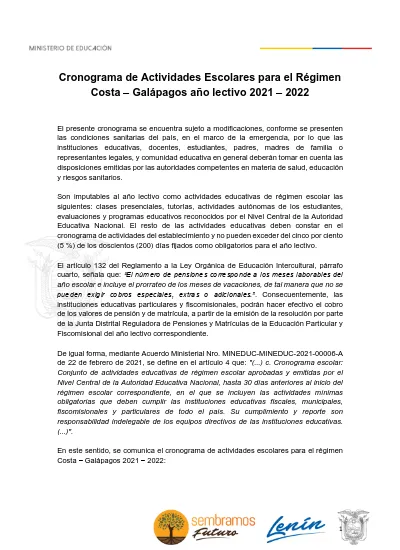 Cronograma De Actividades Escolares Para El Régimen Costa Galápagos Año Lectivo 5880