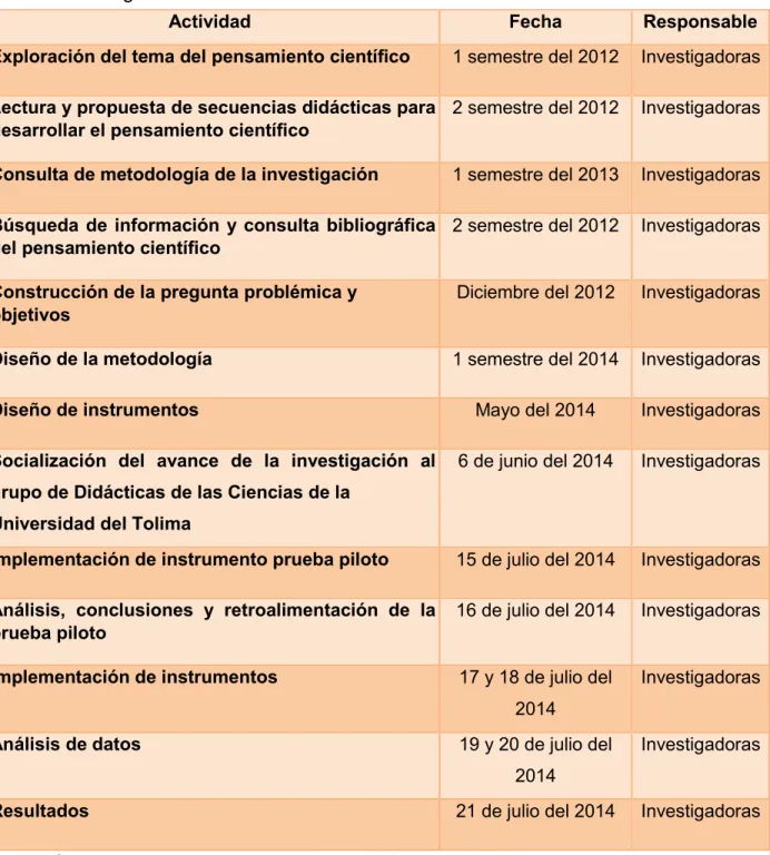 Tabla 4. Cronograma de actividades   