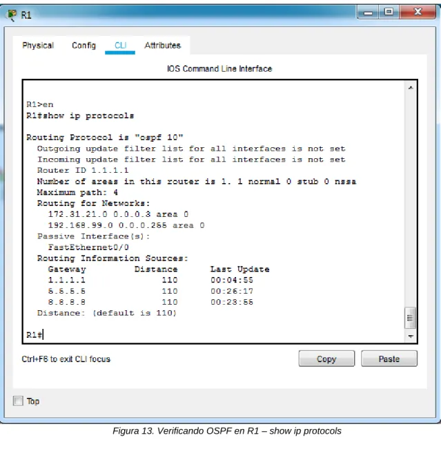 Figura 13. Verificando OSPF en R1 – show ip protocols 
