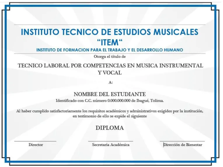 Figura 2 Modelo de Certificado de TECNICO LABORAL POR COMPETENCIAS EN MUSICA INSTRUMENTAL Y VOCAL 