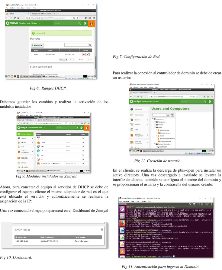 Fig 9. Módulos instalados en Zentyal. 