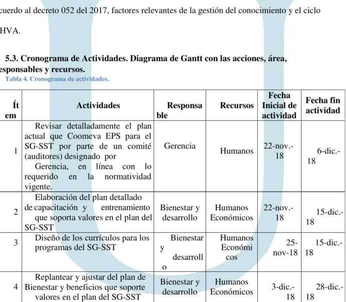Tabla 4. Cronograma de actividades. 
