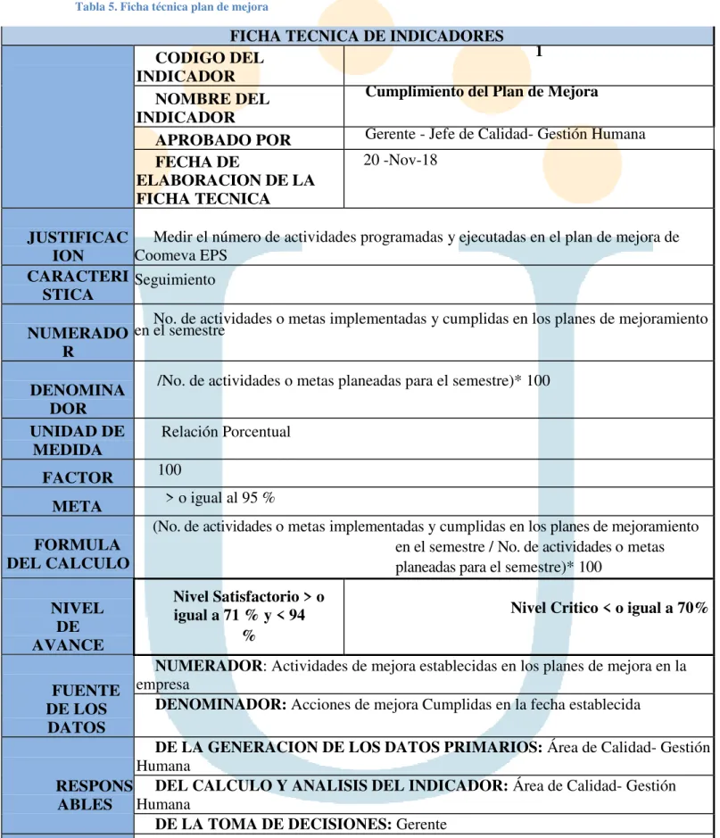 Tabla 5. Ficha técnica plan de mejora 