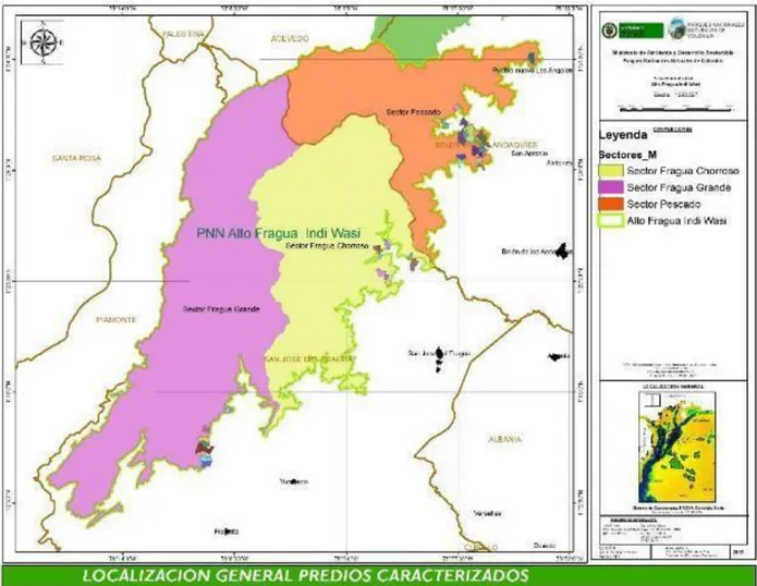 Mapa 3. Localización general predios caracterizados (Fuente PNN AFIW) 