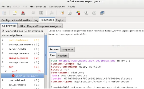 Figura 32. Detección de vulnerabilidad CSRF en W3AF. 