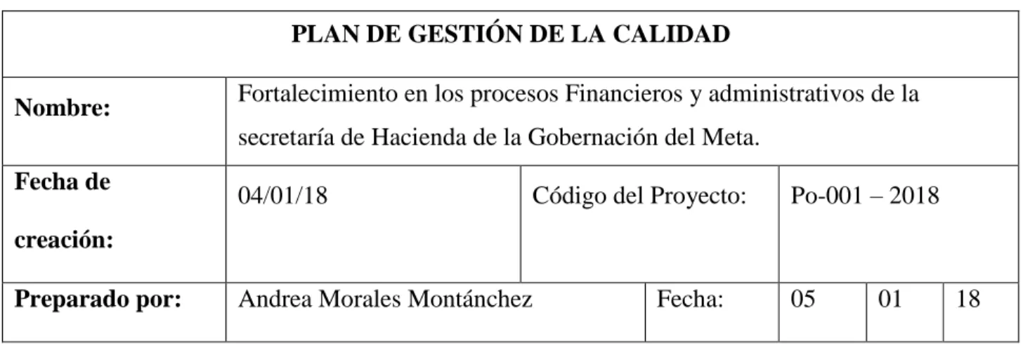 Tabla 8 Plan de gestión de la calidad 