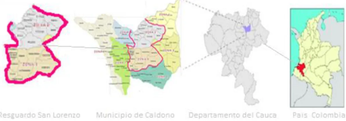 Tabla  No  2.  Nombre  en  nasayuwe  (dialecto  de  la  comunidad  indígena)  de  lugares  de  importancia ancestral  y su   ubicación en las veredas actuales del Resguardo San Lorenzo  de Caldono Cauca