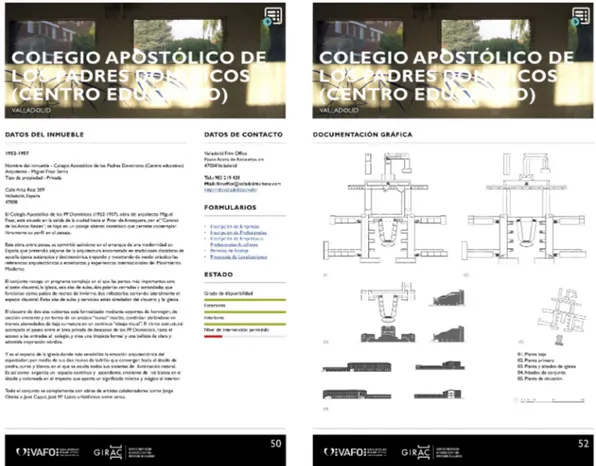 Figura 6: Ejemplos de fichas del catálogo Arquitectura y Cine para Valladolid aplicadas al caso de estudio