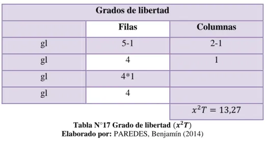 Tabla N°17 Grado de libertad (