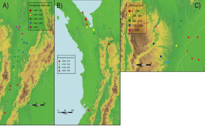 Figura 4. Ubicación de las poblaciones utilizadas para evaluar el efecto de los distintos  gradientes ambientales sobre la variación morfológica