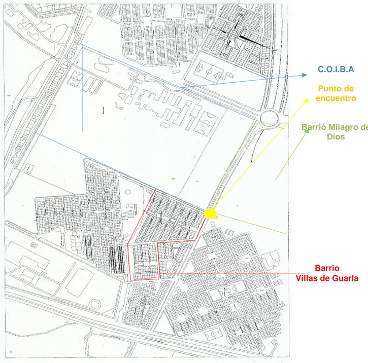 Figura 3. Barrio villas de guárala y sus alrededores: la zona bordeada enmarca el barrio 