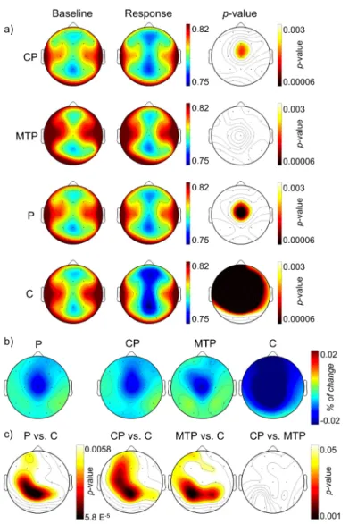 Figure 3.3: (a) SE maps at baseline and active window in the three groups (p values of the within groups differences are shown in the right column); (b) maps depicting the difference between active and baseline SE values; (c) topographic maps depicting the