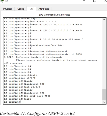 Ilustración 21. Configurar OSPFv2 en R2. 