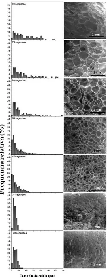 Figura 2.19. Imagens de SEM das espumas de borracha natural reticulada a 50 kGy e fabricadas a  distintos tempo de espumação a uma temperatura fixa