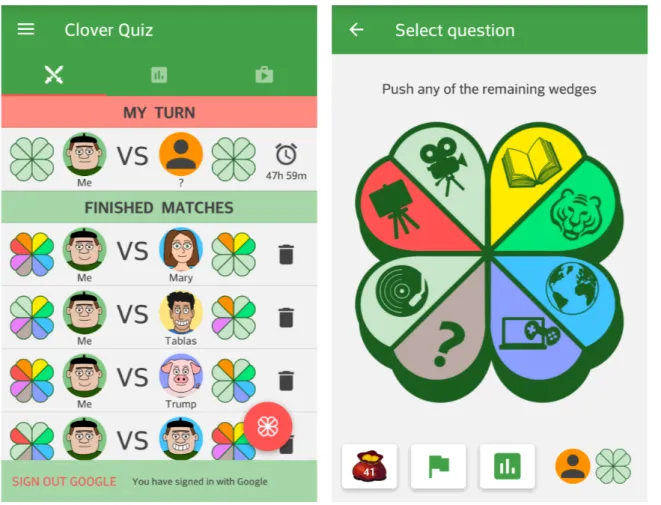 Figure 5. Sample snapshots of the mobile app of Clover Quiz.