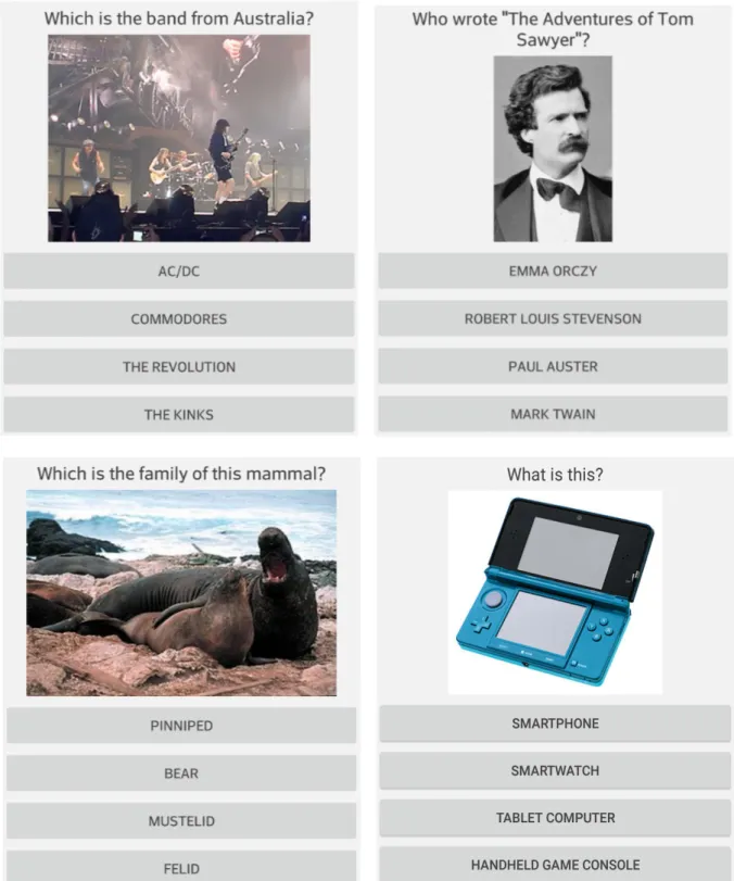 Figure 3. Sample questions from the Music, Books, Animals and Technology domains obtained with the mobile app of Clover Quiz.