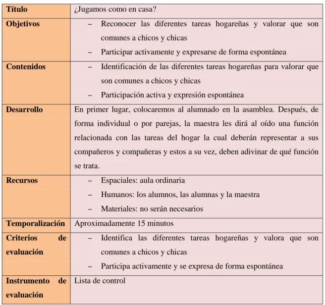 Tabla 9. Actividad ¿Jugamos como en casa? 