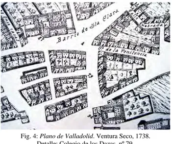 Fig. 4: Plano de Valladolid. Ventura Seco, 1738.   Detalle: Colegio de los Dazas, nº 79