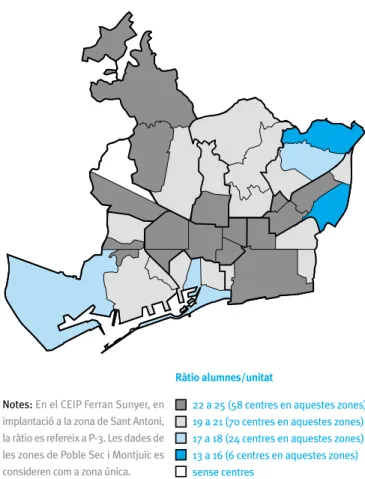 Mapa 1. Ràtio mitjana alumnes/unitat per zones estadístiques. Parvulari i educació primària en centres públics (CEIP)