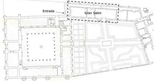 Fig. 1. Planta del Colegio de Santa Cruz. Valladolid. Ubicación del Gran Salón y de la entrada en  el antiguo Museo Provincial de Bellas Artes (sobre estado actual del edificio, Locus Sapientiae