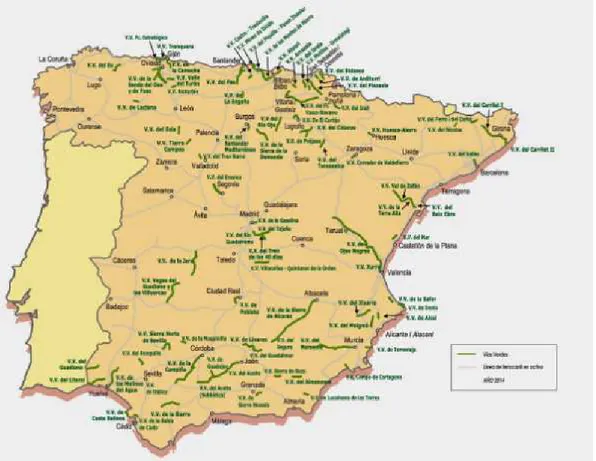 Figura 4: Mapa con todas las vías verdes de España actualizado en 2014. 