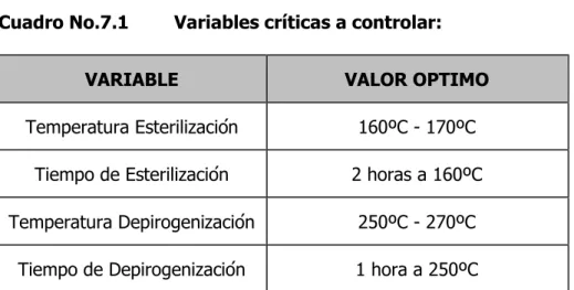 Cuadro No.7.1  Variables críticas a controlar: 