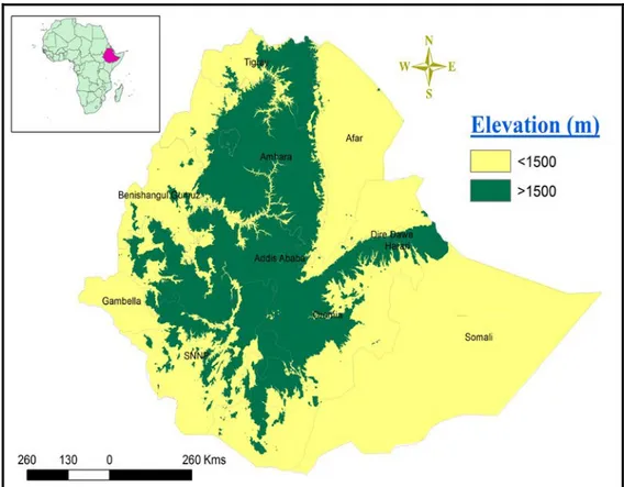 Figure 2: Map of Ethiopia showing the highland regions in which the Afromontane vegetations found in  the country (Adapted from Bekele 1994)